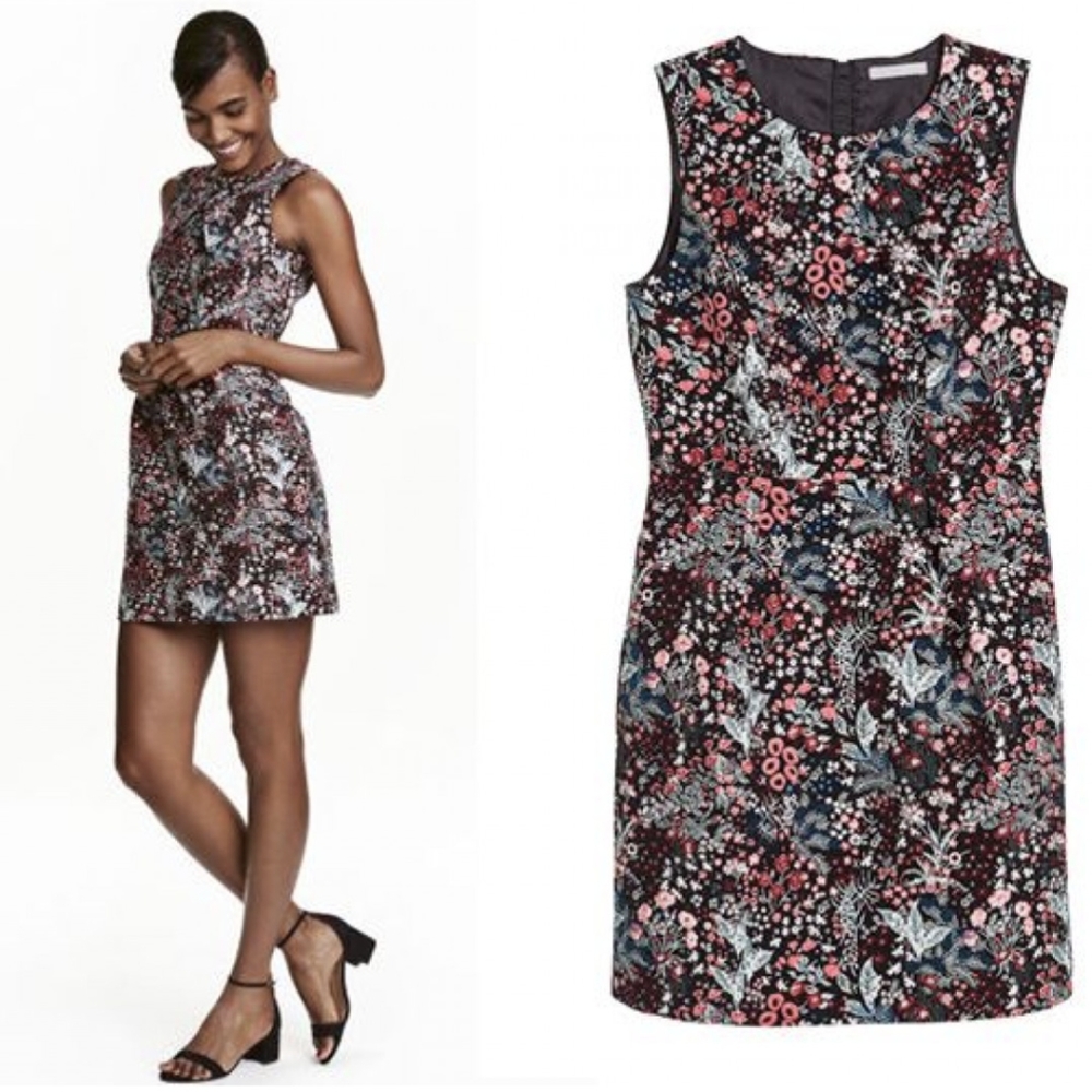 H&M Jacquard Weave Sleeveless Black Floral Dress